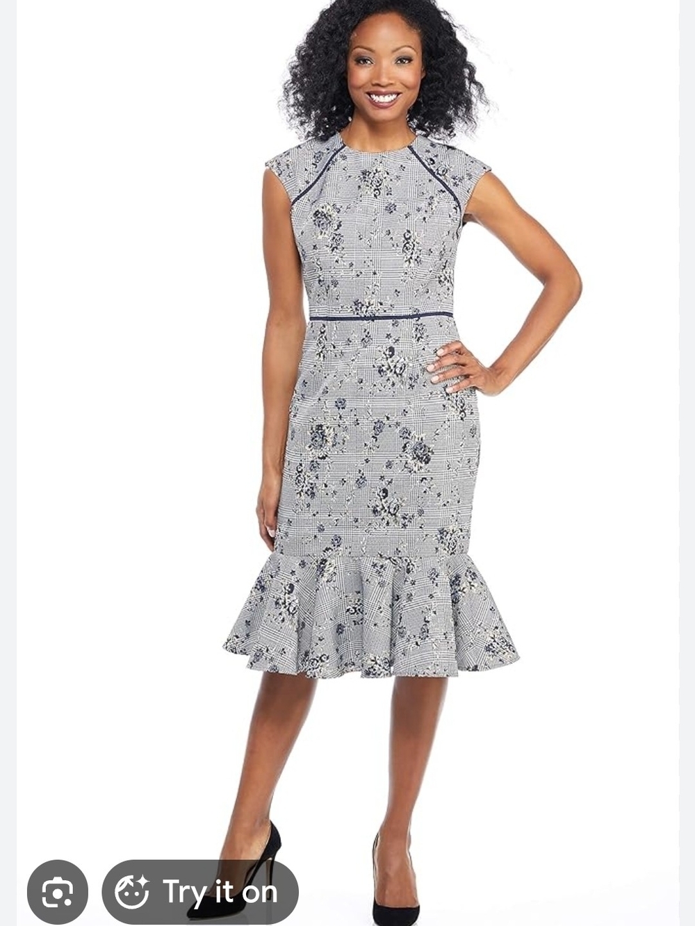 Maggy London Blue and White Floral Ruffle-Hem Midi Dress - Size 14